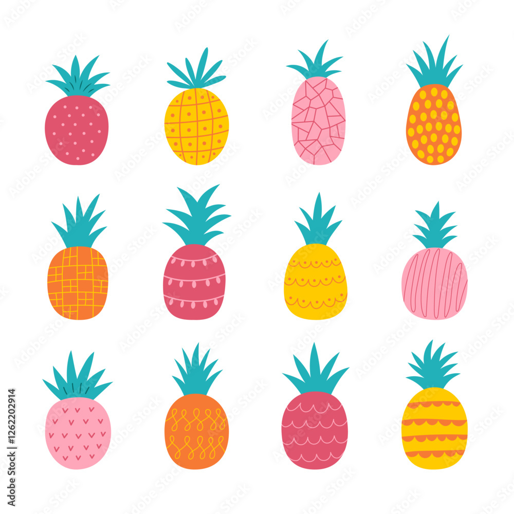 Set of abstract hand drawn pineapples. Exotic fruits.