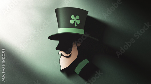 A stylish silhouette of a leprechaun wearing a green top hat adorned with a shamrock, casting a soft shadow on a textured background, symbolizing Saint Patrick’s Day and Irish folklore. photo