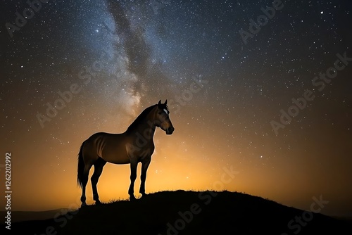 A captivating moment of a wild horse standing atop a hill, silhouetted against a glowing horizon filled with stars, radiating raw beauty in solitude.