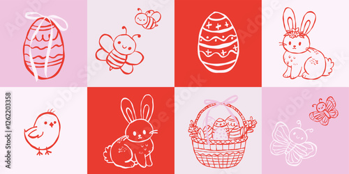 Coquette Easter pattern with hand drawn sketches, ink minimal line art illustrations. Cute bunny, eggs, basket, flowers, butterflies, and chick. Perfect for Easter cards, gifts, and decorations.