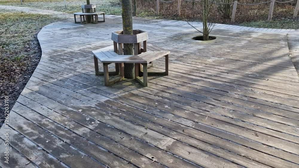 wooden terrace in the park with brown screwed benches in the park placed zig back one over the other. the benches are placed on top of each other. tree anchored to a metal grate
