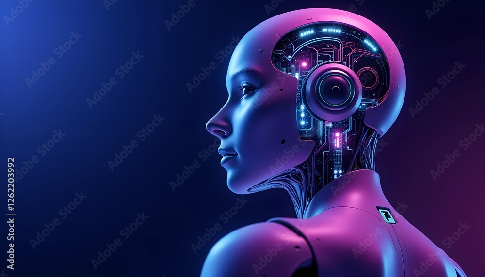 Futuristic robotic head profile with neon lights and circuit designs
Futuristic robotic head profile with neon lights and circuit designs
