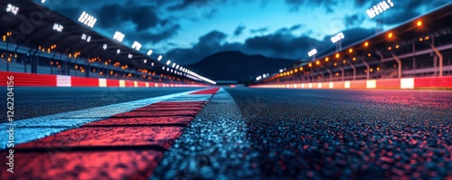 The finish line of an asphalt racetrack and a lighted race stadium at night. professional drawing of racing sports in digital 3D - Generative AI