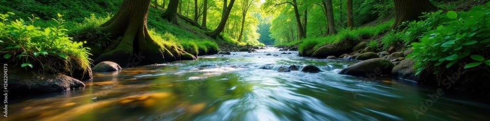 Clear, fast-flowing spring river cuts through dense forest , landscape, flow, environment Clear, fast-flowing spring river cuts through dense forest , landscape, flow, environment