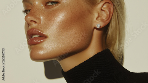 Close-up portrait of a beautiful blonde woman wearing diamond earrings.  Fashion, beauty, and luxury concept.