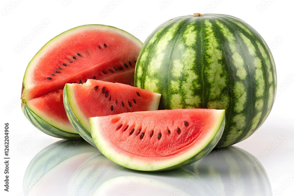 Fresh Watermelon Whole and Sliced on a White Background Fresh Watermelon Whole and Sliced on a White Background