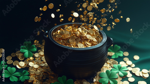 A black cauldron overflowing with gold coins, with coins falling mid-air, surrounded by green shamrocks, set against a dark green background, symbolizing luck and prosperity for St. Patrick’s Day. photo