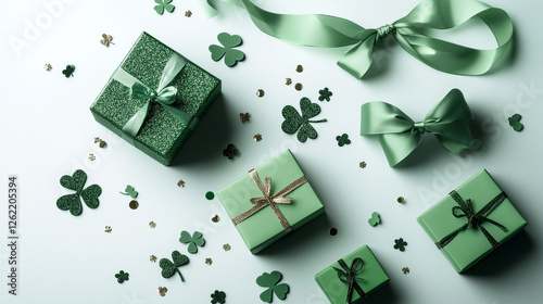 A stylish flat lay featuring wrapped green gifts, satin bows, glittering shamrocks, and gold confetti, all beautifully arranged on a white background for a festive St. Patrick’s Day celebration. photo