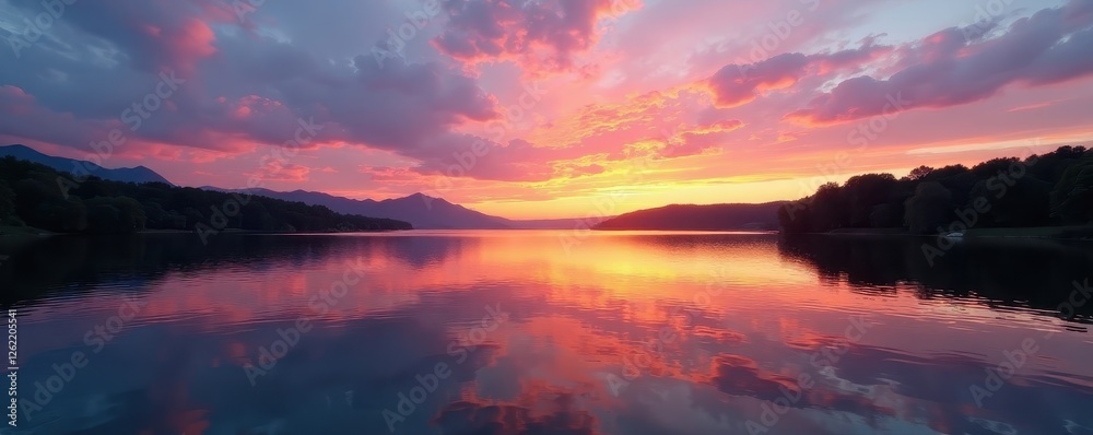 Serene lake sunset, clouds reflected on calm water, view, landscape, horizon Serene lake sunset, clouds reflected on calm water, view, landscape, horizon