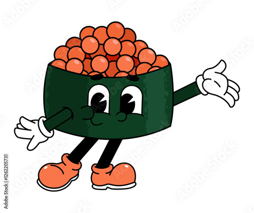 Retro sushi mascot logo, tobiko sushi, fish egg sushi Welcome pose