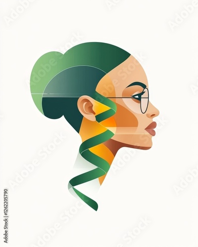 Abstract illustration of a woman’s profile with green geometric accents, representing eco consciousness, innovation, and the fusion of art and environmental themes photo