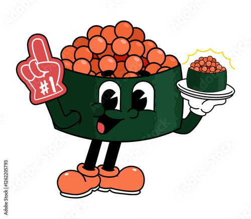 Retro sushi mascot logo, tobiko sushi, fish egg sushi wearing number one glove