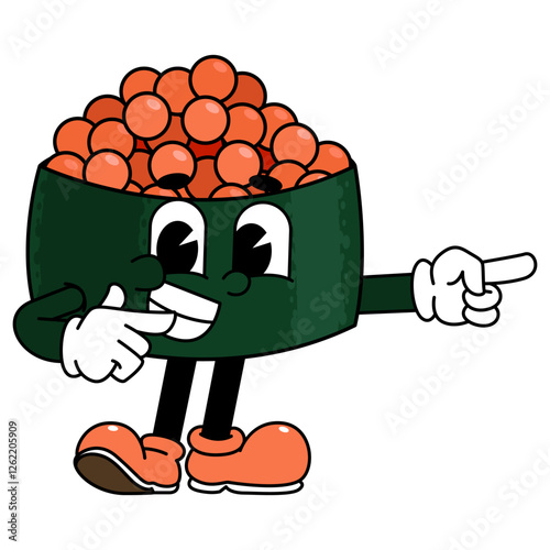 Retro sushi mascot logo, tobiko sushi, fish egg sushi pointing with right hand