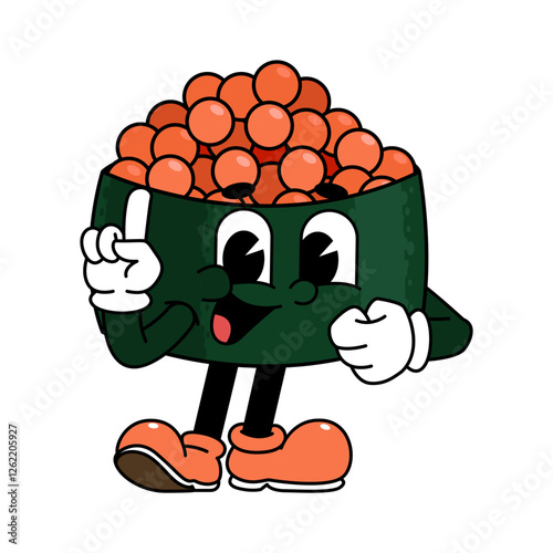 Retro sushi mascot logo, tobiko sushi, fish egg sushi pointing up