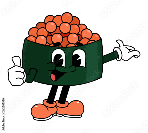 Retro sushi mascot logo, tobiko sushi, fish egg sushi thumbs up pose