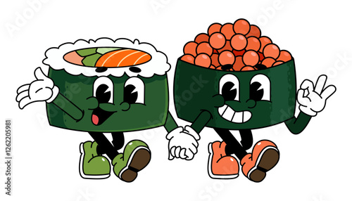 Retro sushi mascot logo, tobiko sushi, fish egg sushi walk together with salmon sushi