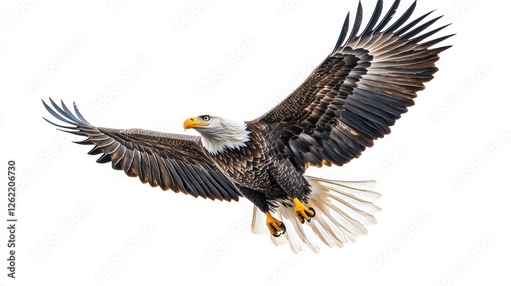 Obraz premium Majestic Bald Eagle in Flight with Outstretched Wings and Sharp Beak