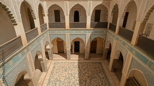 Ancient Courtyard With Arched Openings And Patterned Tiles photo