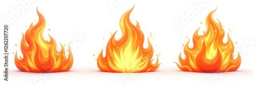 Fiery cutout flames isolated on white background Triple set , yellow, effect, orange