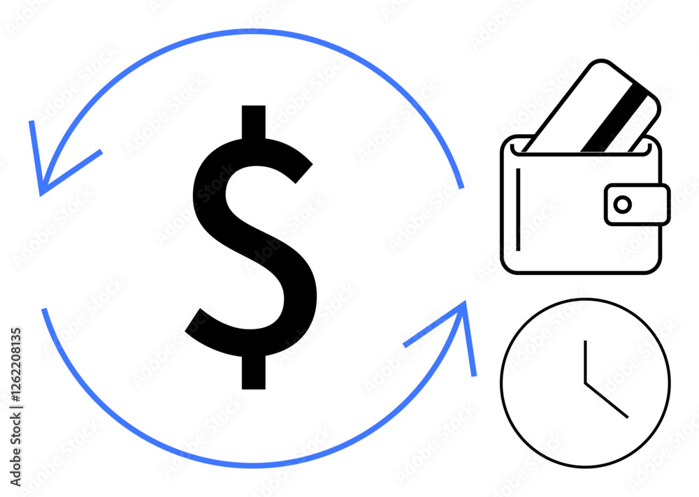Dollar sign encircled by arrows, wallet with card, and clock. Ideal for finance, banking, investment, budgeting, time management financial planning personal finance. Line metaphor Dollar sign encircled by arrows, wallet with card, and clock. Ideal for finance, banking, investment, budgeting, time management financial planning personal finance. Line metaphor