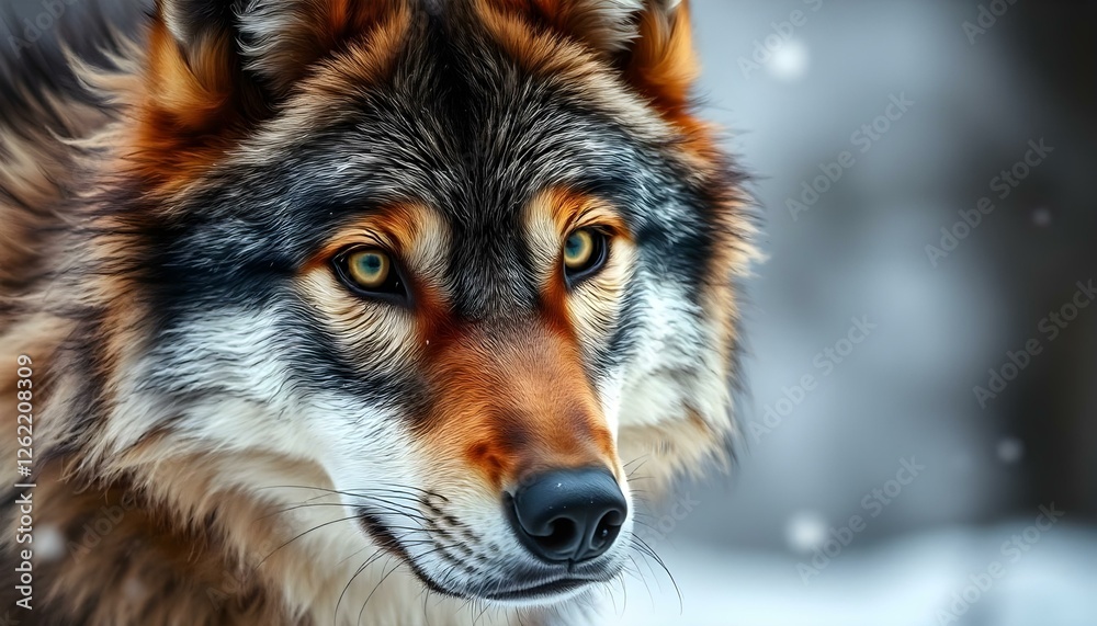 Fototapeta premium Close up of a male wolf, yellow eyes, bushy tail, fine fur details, snowy forest background