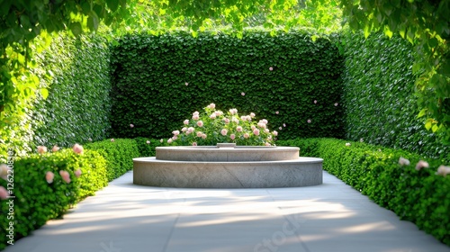 Serene Garden Oasis Featuring Pink Roses and Stone Bench