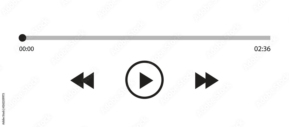 Music or video play bar icon on white background. Audio player for songs or podcast playlist. Loading bar with time slider, pause, rewind and fast forward buttons