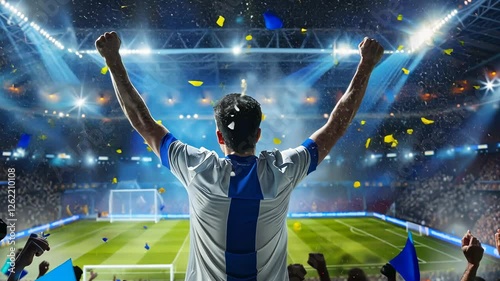 Celebratory Soccer Fan Thrillingly Cheering in a Vibrant Stadium Filled with Confetti and Colorful Decorations during a Major Sporting Event photo