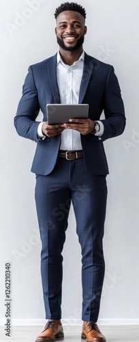Full length portrait of a smiling African-American businessman holding tablet standing isolate, Generative AI
