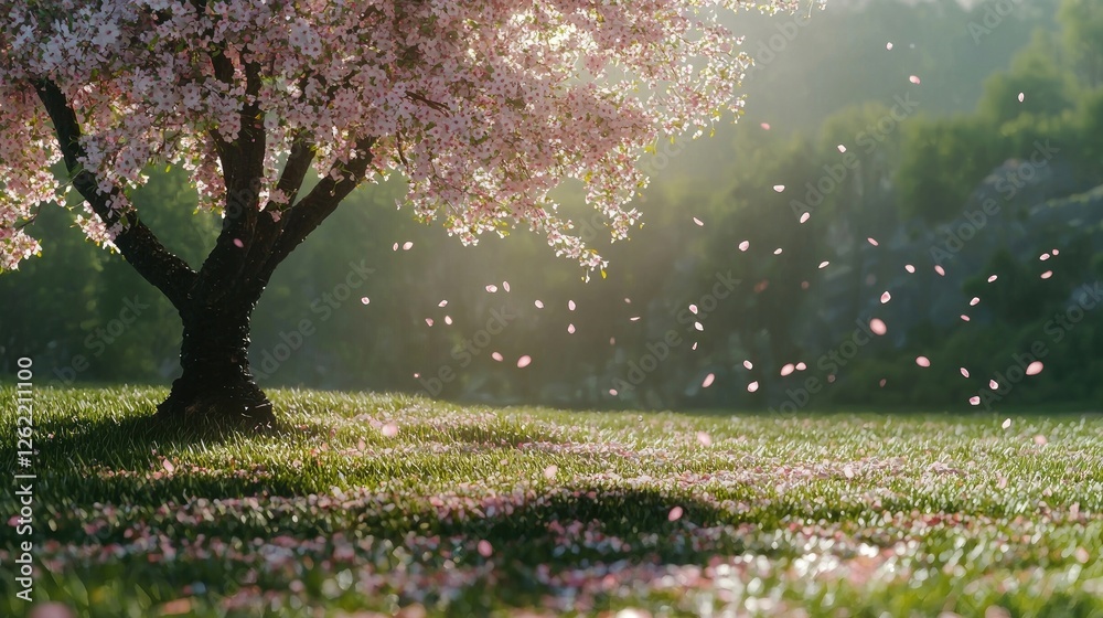 Obraz premium Solitary cherry blossom tree on a grassy hillside with petals drifting in the wind. A poetic and serene landscape with mountains in the distance. Generative AI.