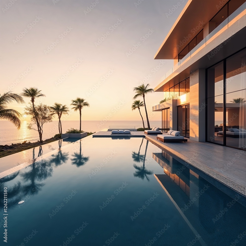 Fototapeta premium Modern oceanfront villa with infinity pool at sunset