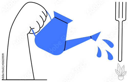 Hand holds blue watering can, pouring water droplets near plant symbol and fork icon. Ideal for gardening, growth, nurturing, sustainability, care, farming environmental themes. Abstract line flat