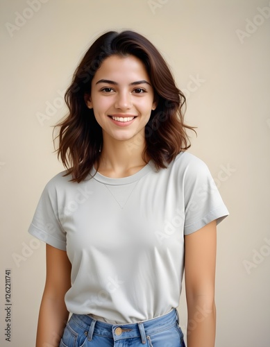 20 year old Middle Eastern woman wearing a light blue shirt, with medium brown skin and wavy hair