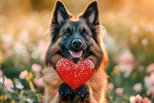 Belgian tervuren - my preferred dog, symbol of friendship. Promotion furry friend animal drawing. Cute belgian tervuren dog with sparkling rhinestones red heart on a walk in a spring green space. photo