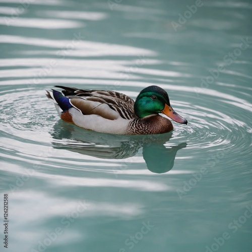 A pearlescent pastel-colored duck swimming on a crystal-clear white pond.