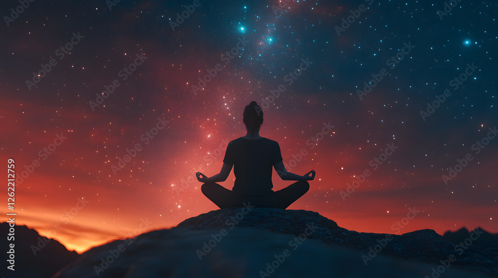 A person meditating on top of the world, with an ethereal sky above and stars twinkling in the background
A person meditating on top of the world, with an ethereal sky above and stars twinkling in the background