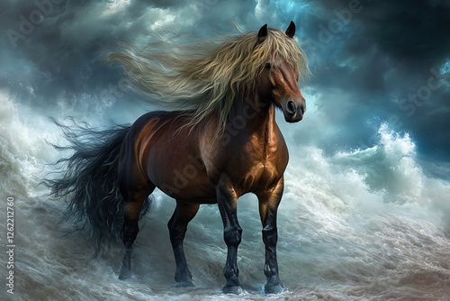 A dramatic portrayal of a stallion standing proud against the backdrop of a raging storm, its mane flowing wildly, capturing the power and spirit of naturea??s forces. photo