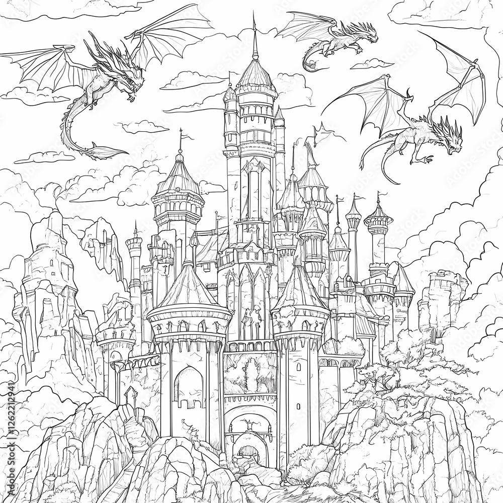 Obraz premium Fantasy castle surrounded by dragons soaring in a dramatic sky with clouds and rocky mountains in the background
