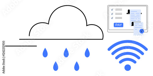 Cloud with raindrops next to distinct wireless signal icon and digital payment interface featuring checklist and invoices. Ideal for cloud computing, internet services, online payments, data