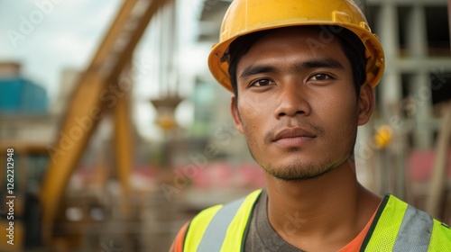 A portrait of a young Filipino man at a construction site, wearing a safety helmet and vibrant work attire, embodying dedication and professionalism in the building industry. photo