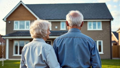 Elderly couple looking at their new home with happiness and nostalgia in the background