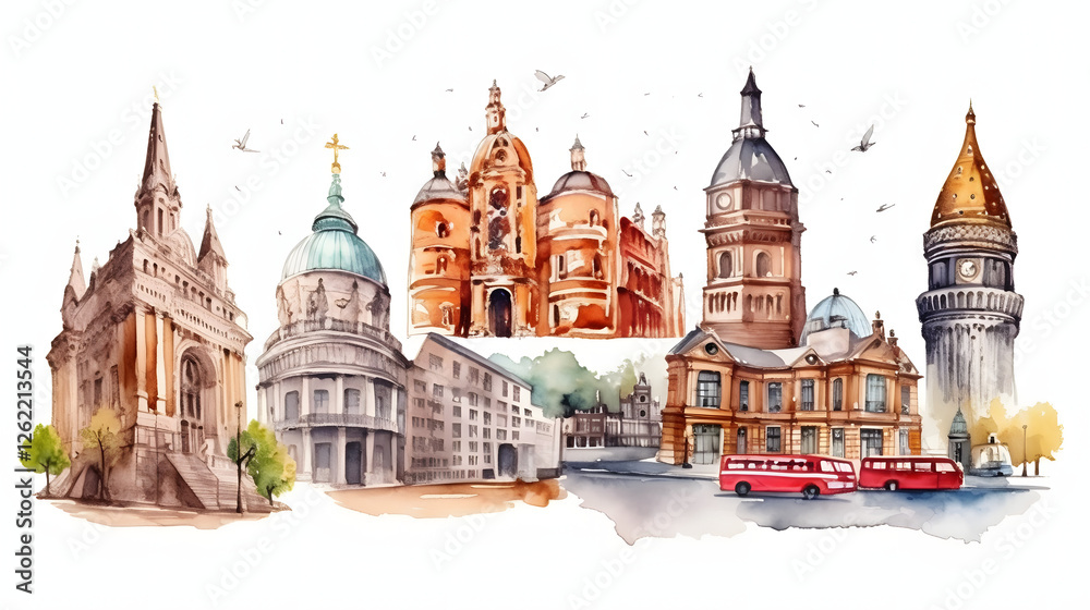 Obraz premium Exploring famous landmarks and attractions in city watercolor