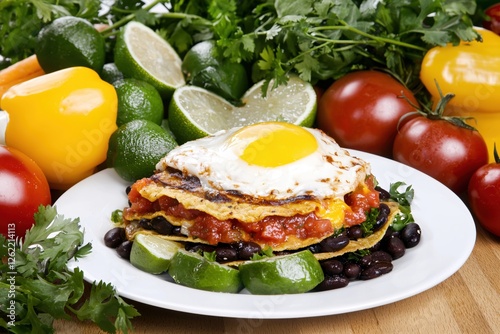 Delicious huevos rancheros with black beans salsa and fresh vegetables on wooden table