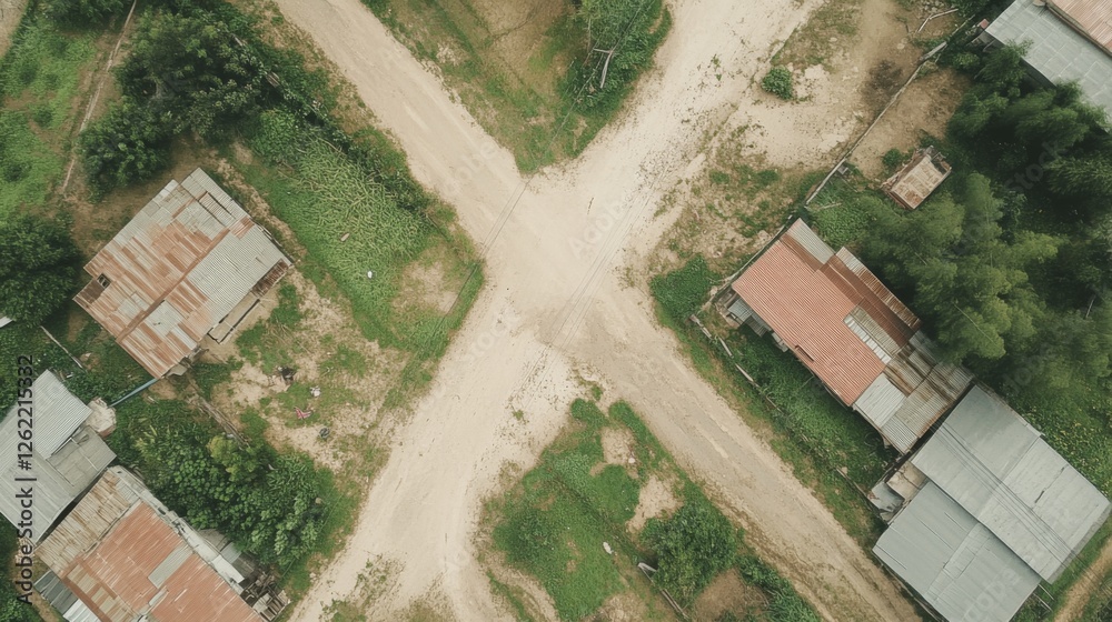 Fototapeta premium Aerial view of rural crossroads, houses, vegetation