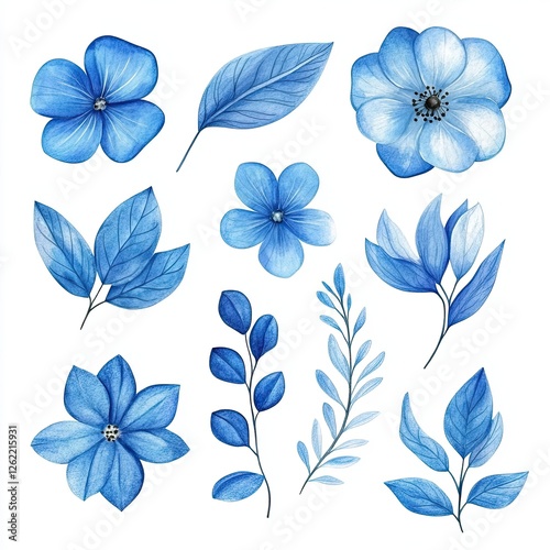 Blue Watercolor Flower and Leaf Set Elegant Floral Design for Branding photo