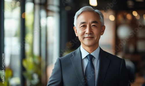 Senior Mature Asian businessman in formal wear portrait of confident businessman in office professional business attire, emphasizing confidence and, Generative AI