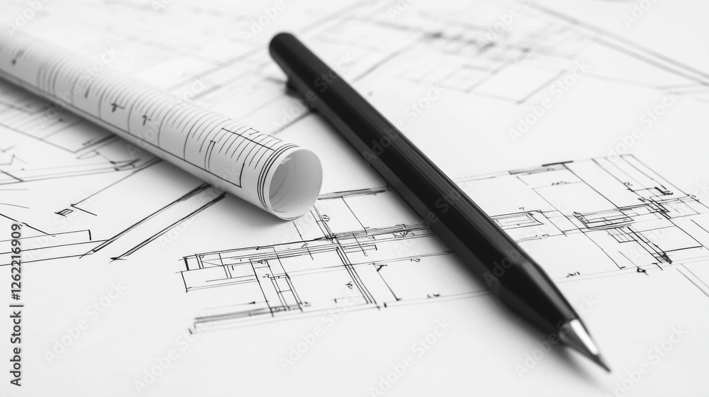 Architect's desk blueprints, pen, ruler. Planning new home design Architect's desk blueprints, pen, ruler. Planning new home design