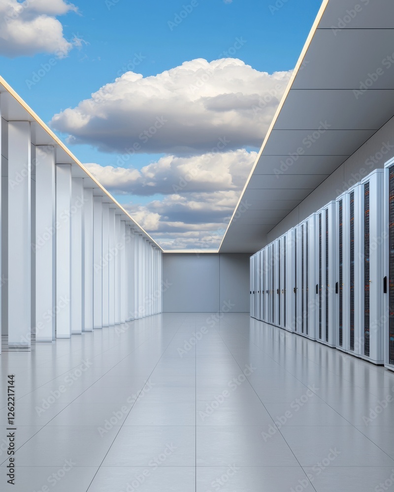 A modern server room featuring sleek cabinets, bright lighting, and a serene blue sky with clouds visible through the ceiling. A modern server room featuring sleek cabinets, bright lighting, and a serene blue sky with clouds visible through the ceiling.
