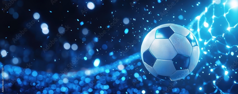 Naklejka premium A dynamic soccer ball moves through a shimmering blue background, surrounded by sparkling effects, evoking energy and excitement in sports.