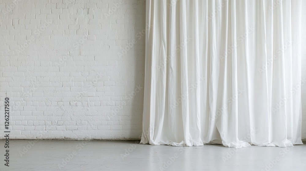 Empty Studio With White Brick Wall and Sheer Curtains Empty Studio With White Brick Wall and Sheer Curtains